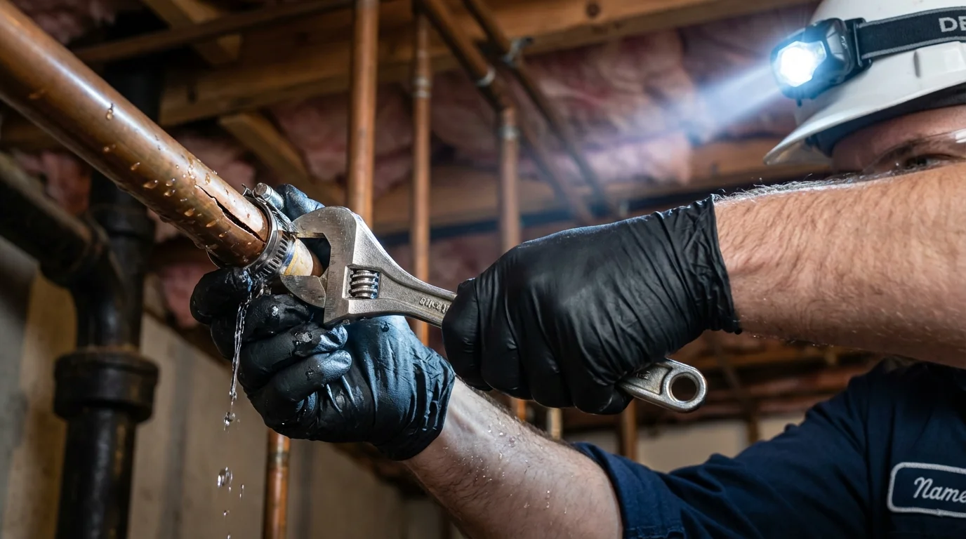 Emergency pipe clamp repair being performed by a Johns Plumbing LLC plumber in Ripley
