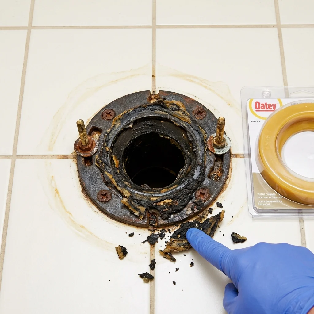 Failed wax ring showing water seepage at the base of a toilet in a Ripley, TN home