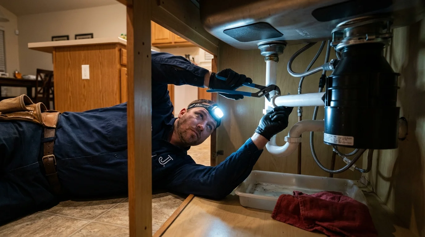 P-trap and supply line connections under a kitchen sink showing a common leak point in Ripley, TN